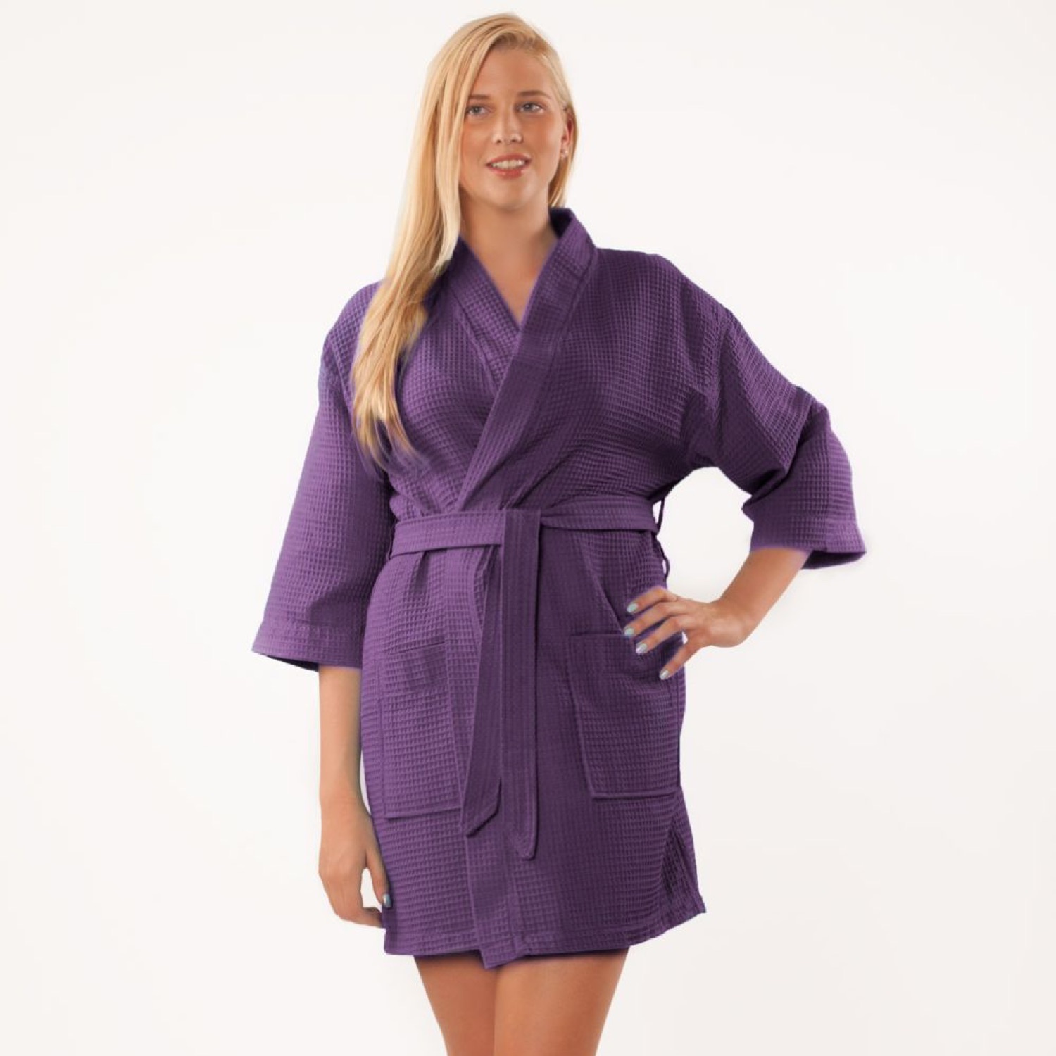 Tight Lenght Waffle Kimono Robe white (Color: Purple, size: One Size)